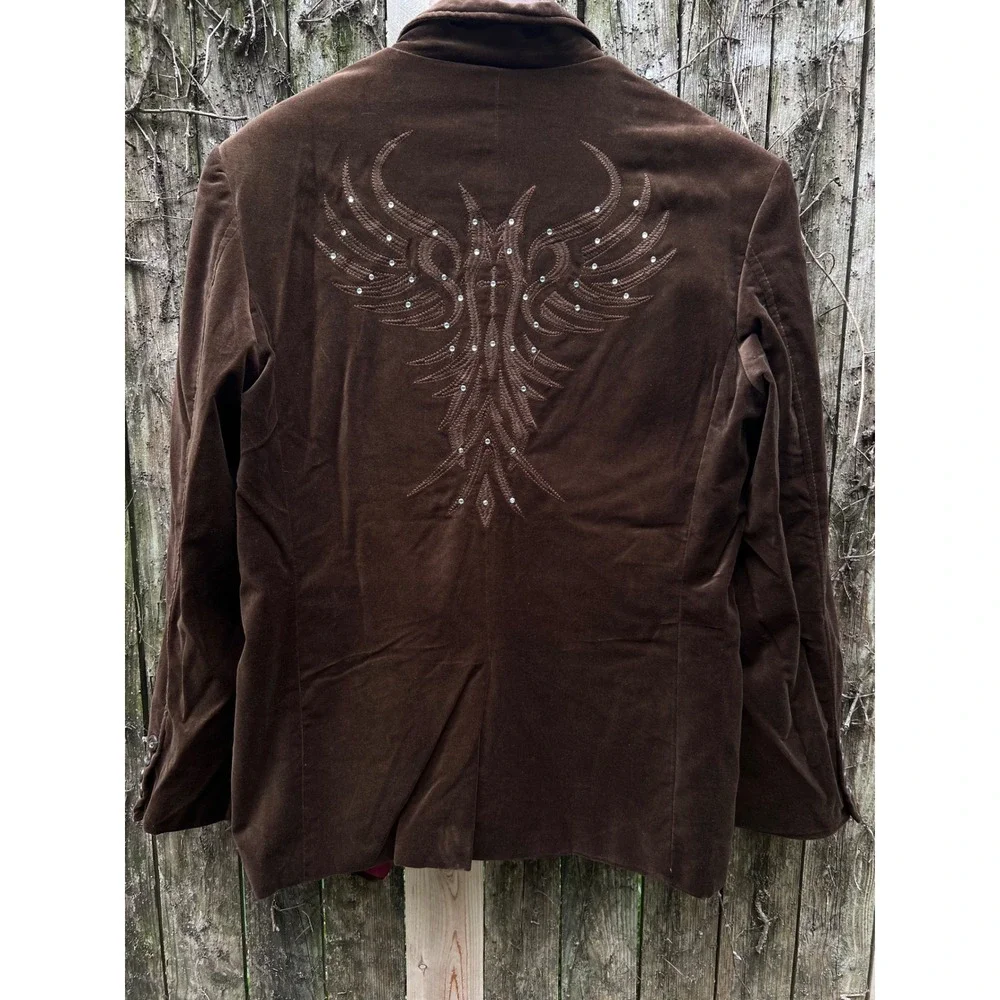 VTG FRANKY MAX Brown Embroidered Studded Grunge Western VelourY2k Bling Blazer L